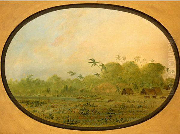A Small Village of Remos Indians Oil Painting by George Catlin