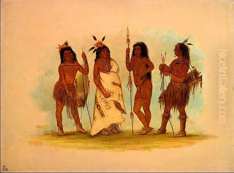 Apachee Chief and Three Warriors Oil Painting by George Catlin