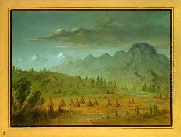 A Crow Village and the Salmon River Mountains Oil Painting by George Catlin