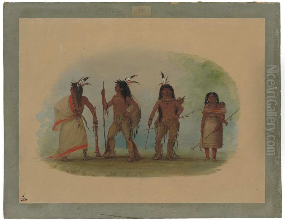 Four Apachee Indians Oil Painting by George Catlin