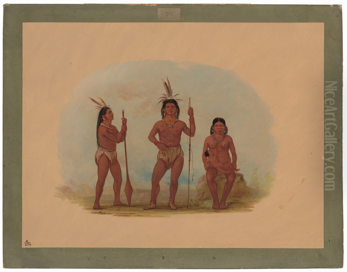 Klahoquaht Chief, His Wife, and Son Oil Painting by George Catlin