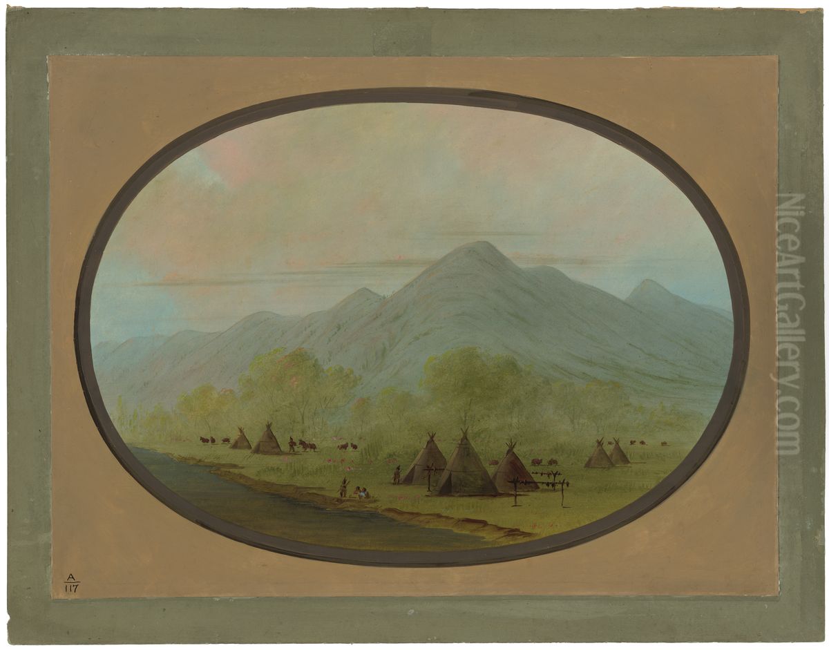 A Small Crow Village Oil Painting by George Catlin