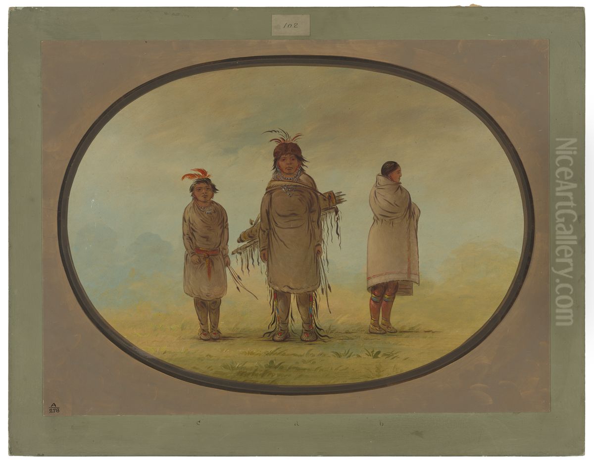 A Stone Warrior, His Wife, and a Boy Oil Painting by George Catlin
