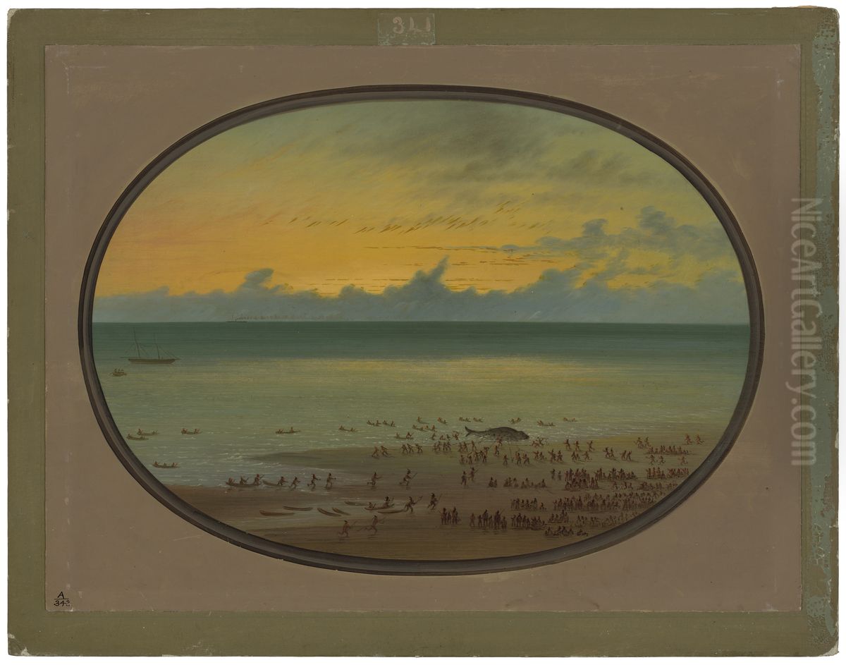 A Whale Ashore - Klahoquat Oil Painting by George Catlin A Whale Ashore - Klahoquat Oil Painting by George Catlin