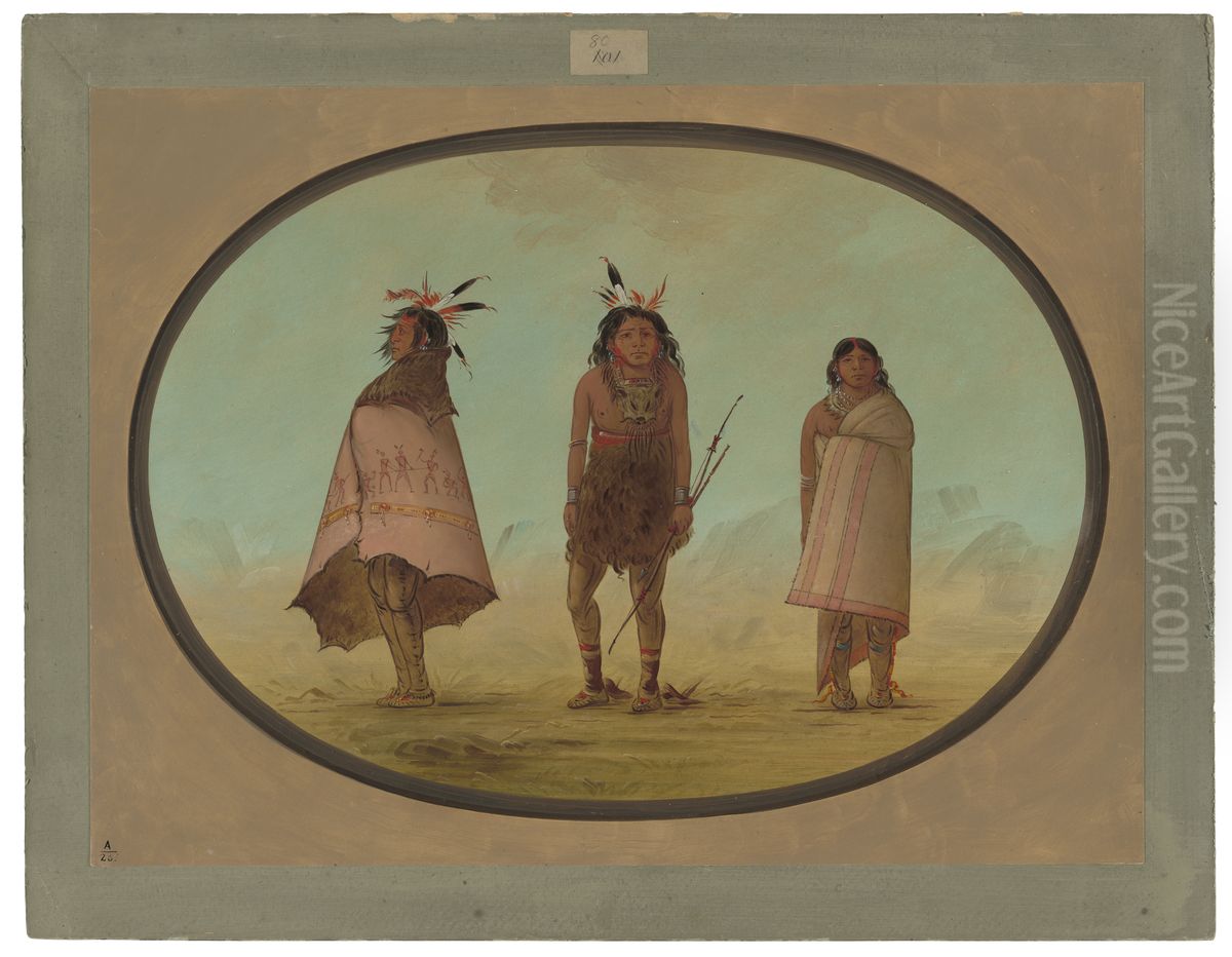 Yntah Medicine Man, a Warrior, and a Woman Oil Painting by George Catlin