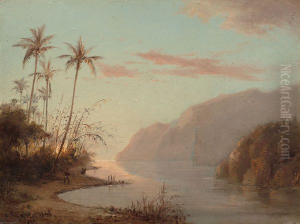 A Creek with Palm Trees[1]/A Creek in St. Thomas (Virgin Islands)[2] Oil Painting by Camille Pissarro