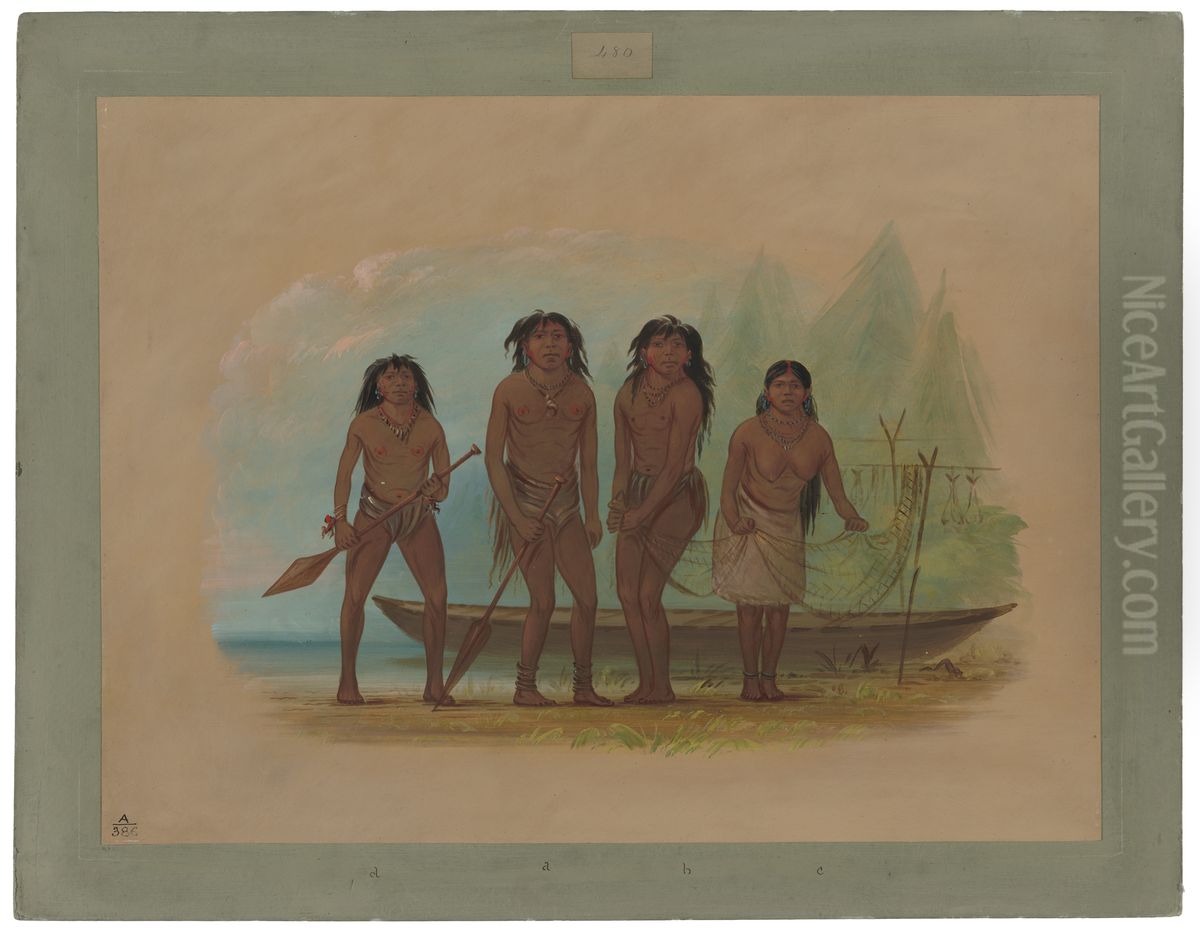 Four Fuegian Indians Oil Painting by George Catlin