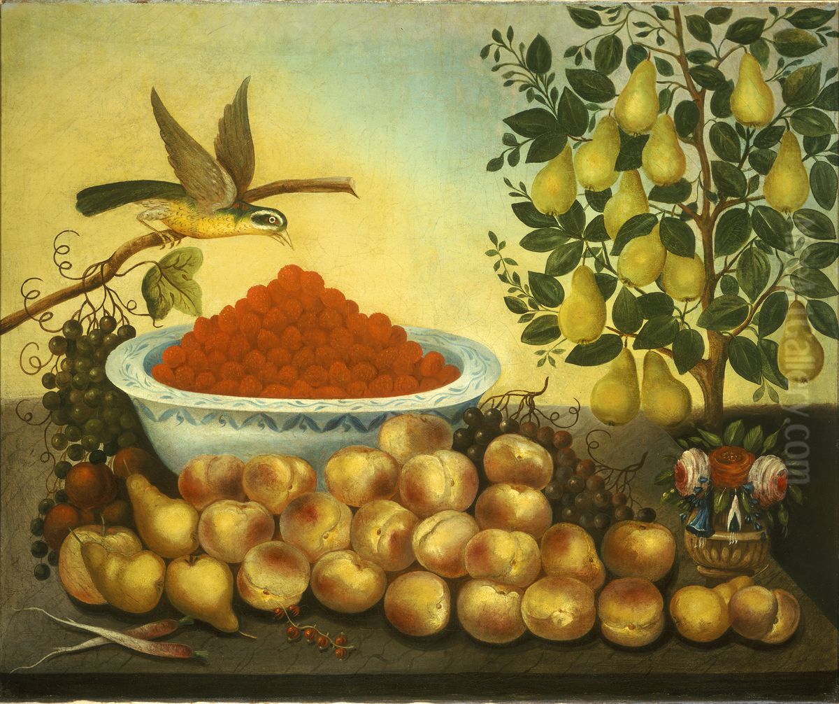 Fruit, Bird, and Dwarf Pear Tree Oil Painting by Charles V. Bond