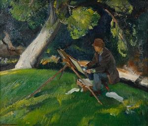An Artist Painting Outdoors At His Easel