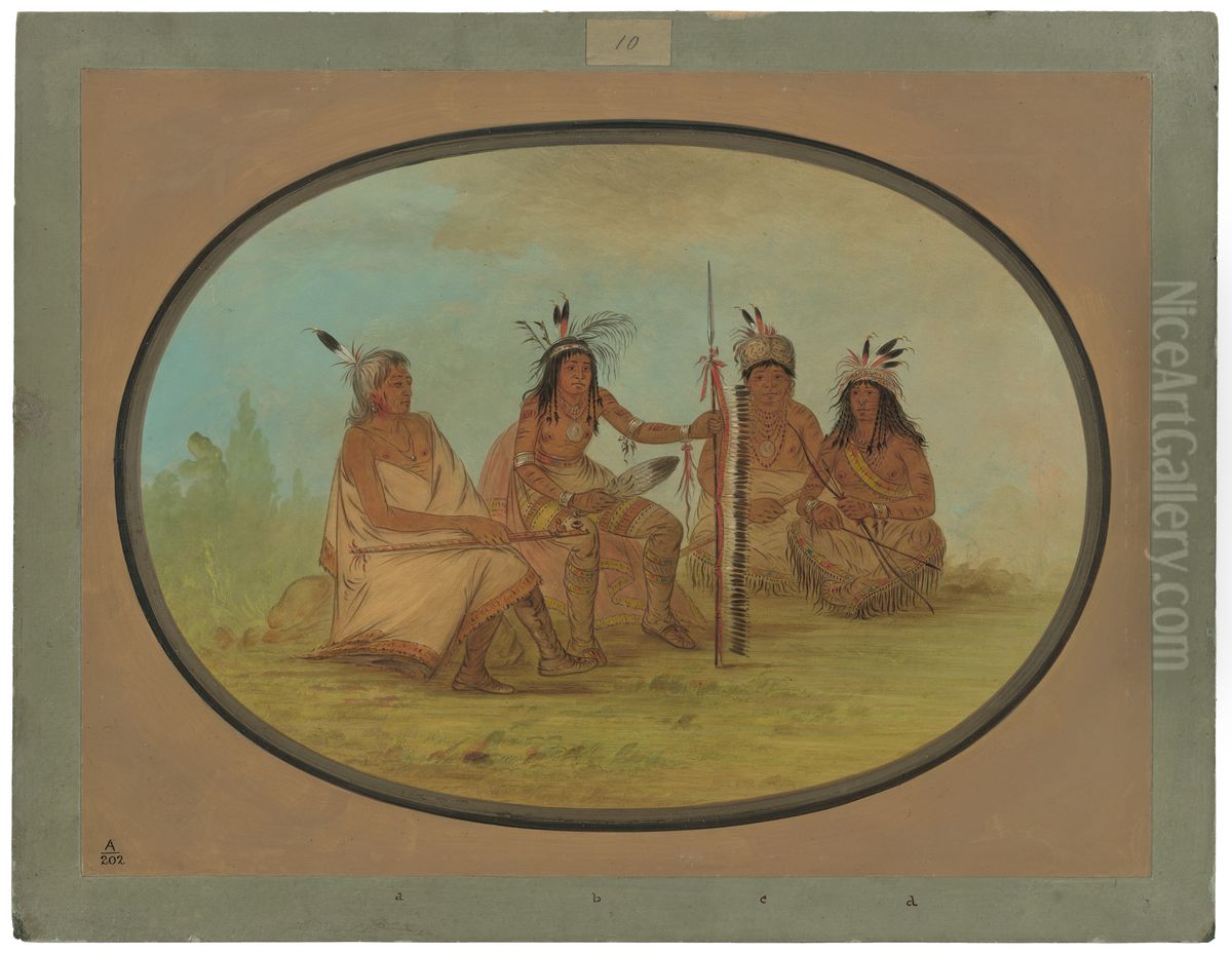 An Aged Ojibbeway Chief and Three Warriors Oil Painting by George Catlin
