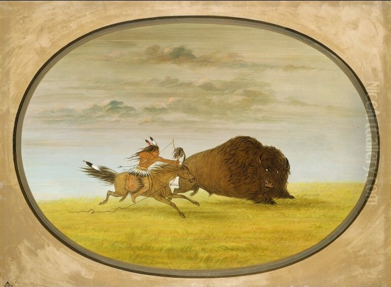 Buffalo Chase Oil Painting by George Catlin