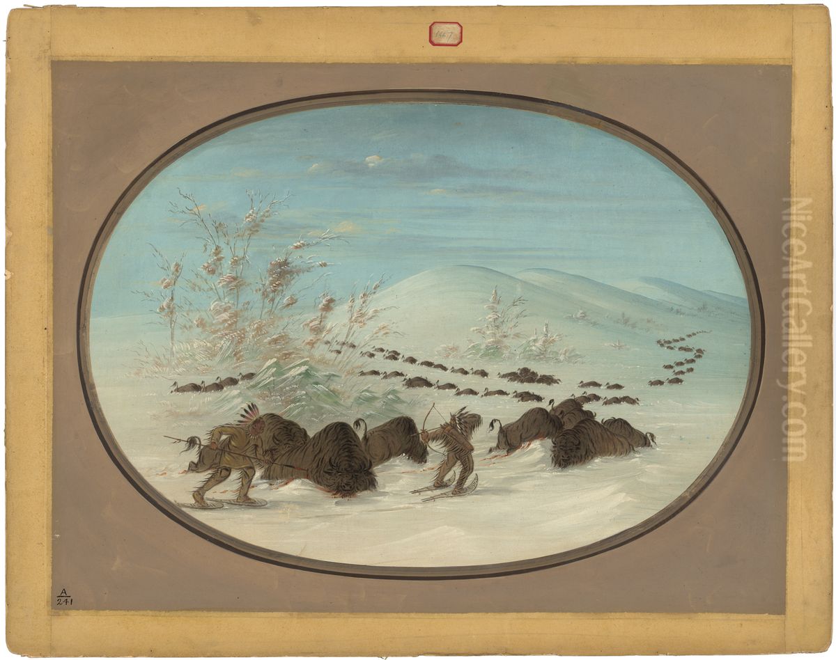 Buffalo Chase in the Snow Drifts - Ojibbeway Oil Painting by George Catlin