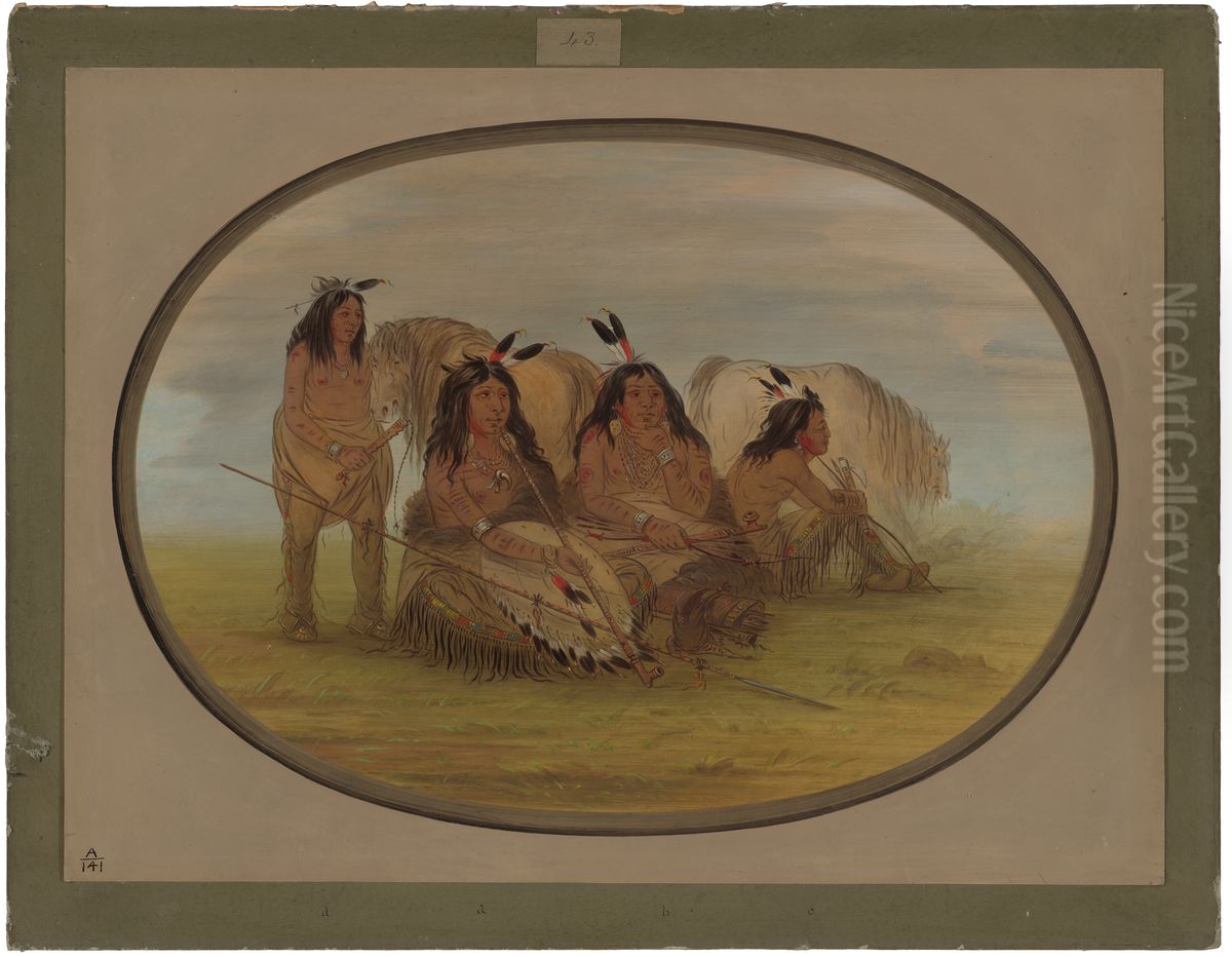 Camanchee Chief with Three Warriors Oil Painting by George Catlin