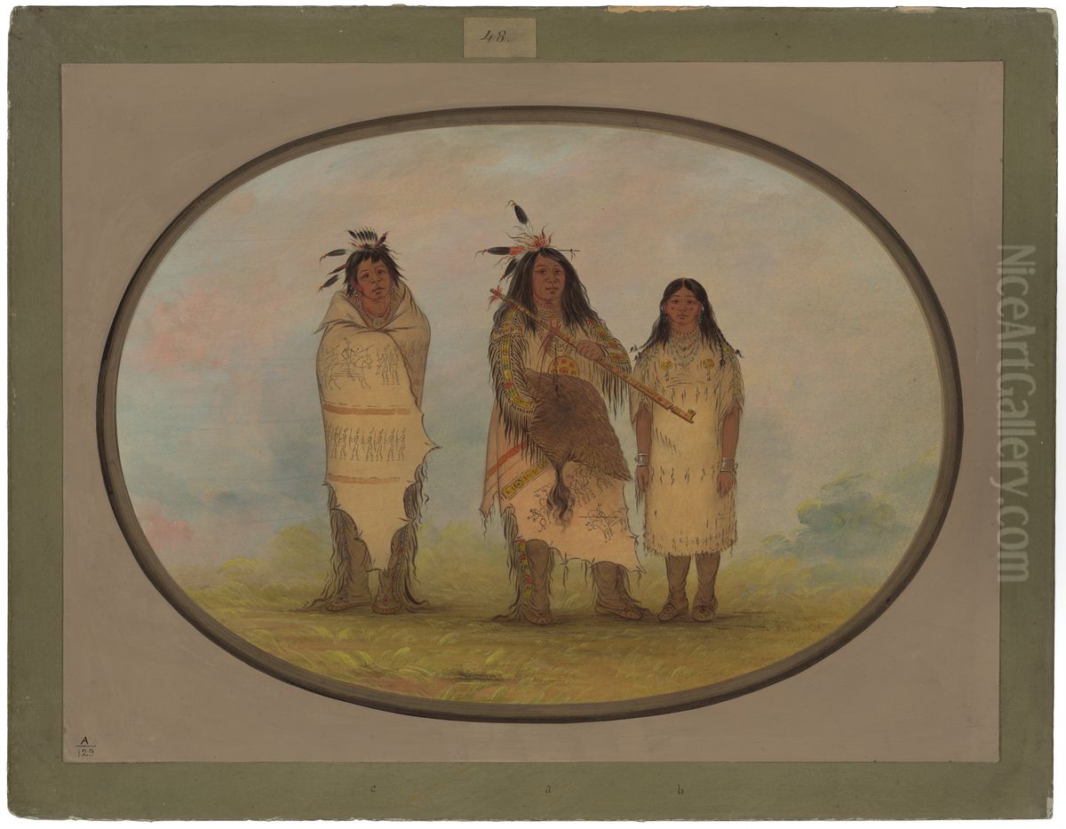 A Cheyenne Chief, His Wife, and a Medicine Man Oil Painting by George Catlin