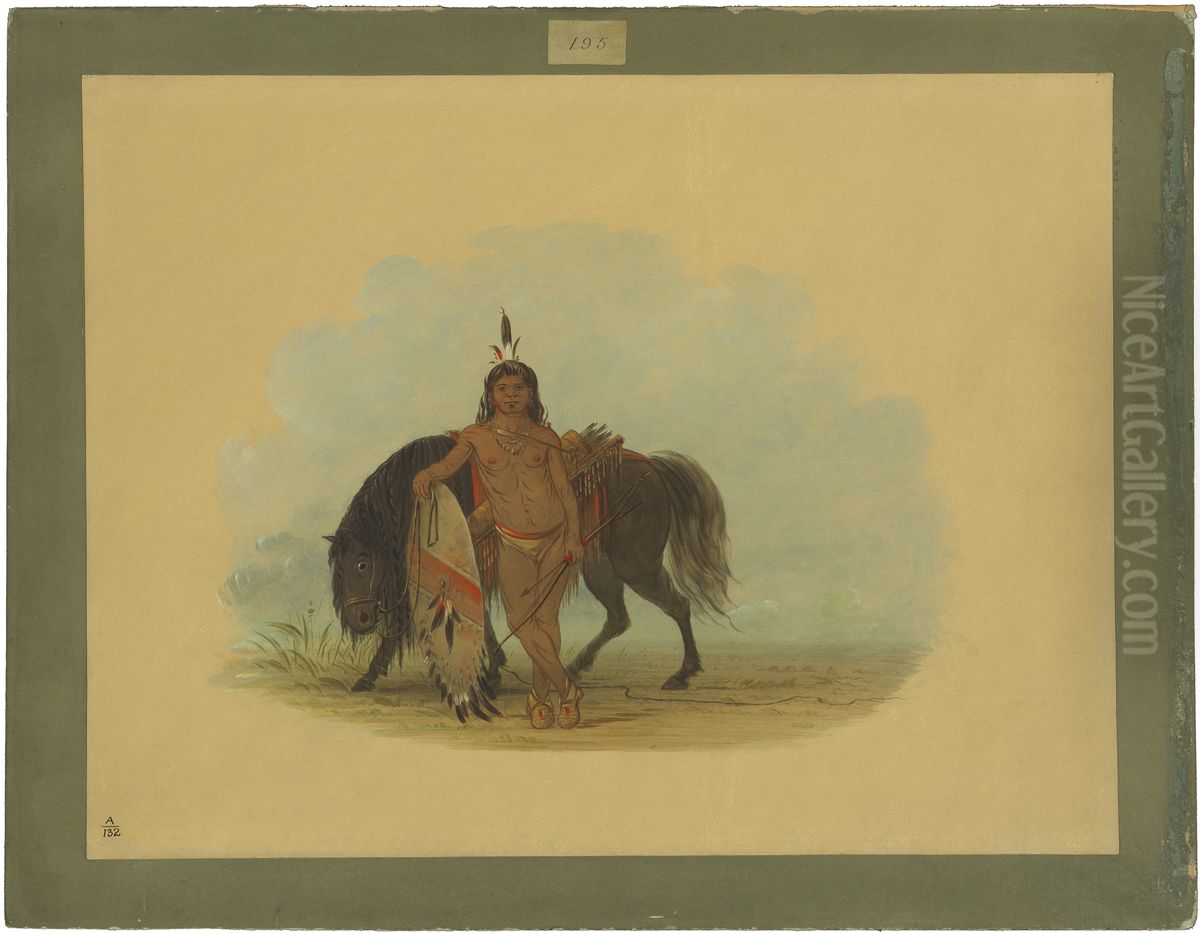 A Cheyenne Warrior Resting His Horse Oil Painting by George Catlin