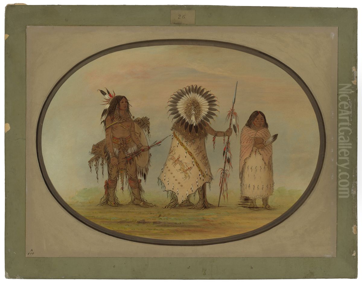 Crow Chief, His Wife, and a Warrior Oil Painting by George Catlin Crow Chief, His Wife, and a Warrior Oil Painting by George Catlin