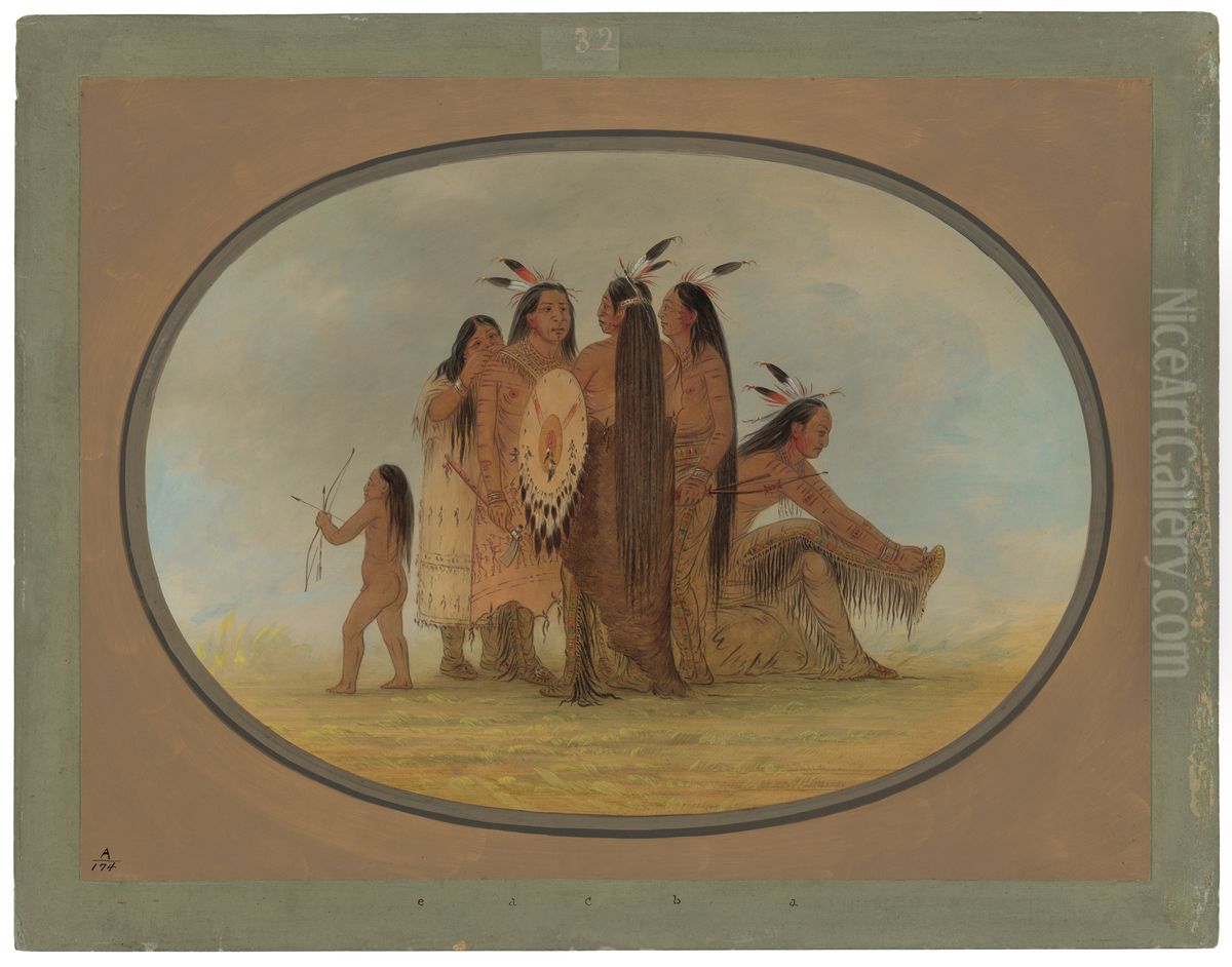 Four Mandan Warriors, a Girl, and a Boy Oil Painting by George Catlin