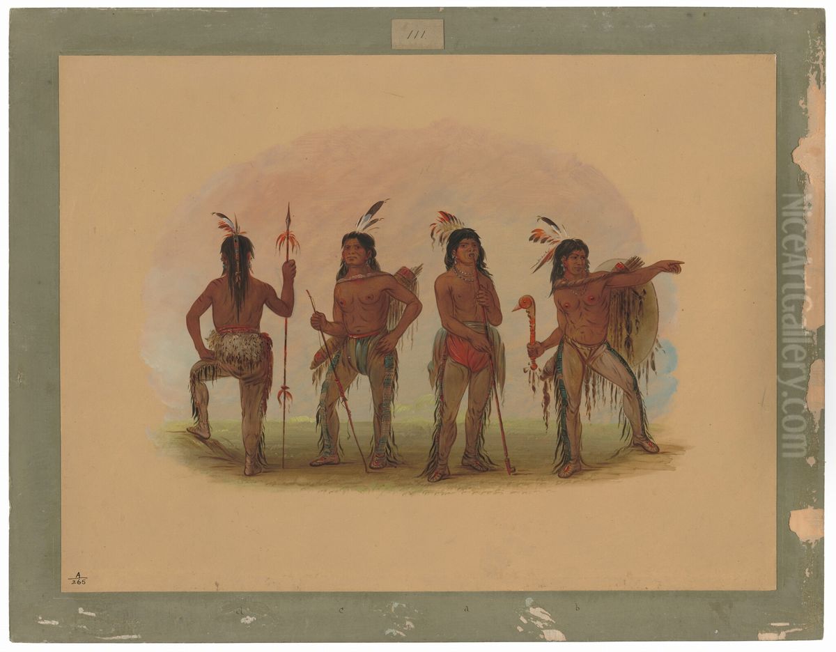 Four Navaho Warriors Oil Painting by George Catlin