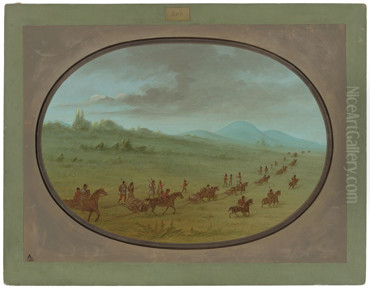 Halsey's Bluff - Sioux Indians on the March Oil Painting by George Catlin