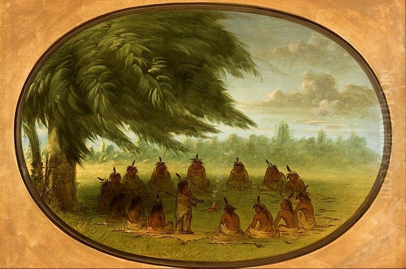 An Indian Council - Sioux Oil Painting by George Catlin
