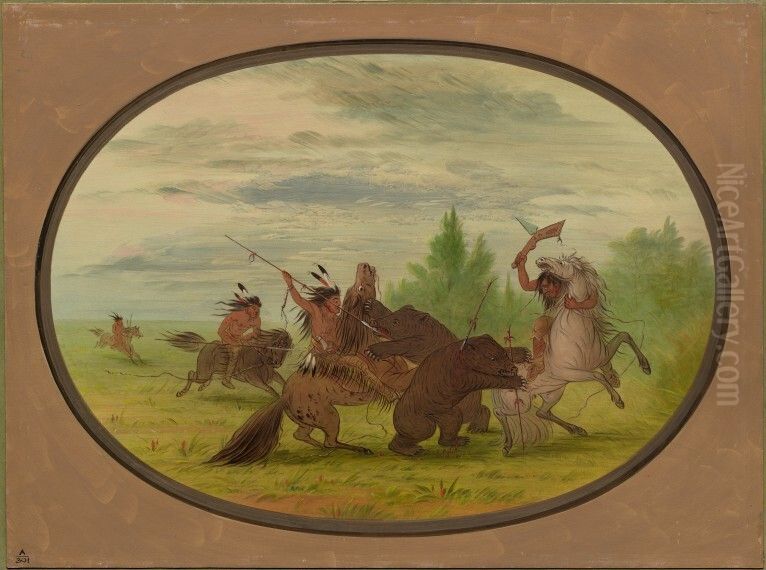 K'nisteneux Indians Attacking Two Grizzly Bears Oil Painting by George Catlin