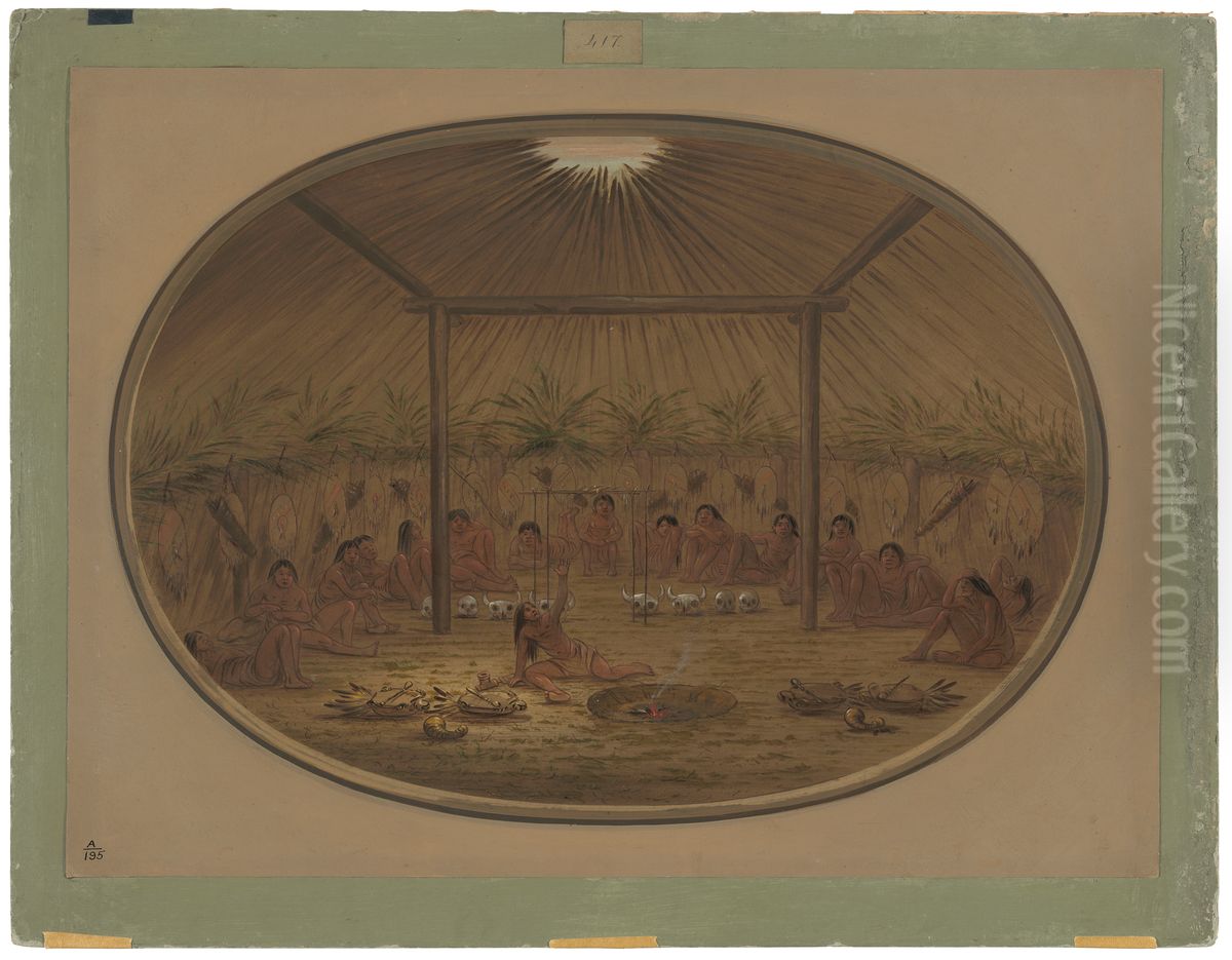 Mandan Ceremony - The Water Sinks Down Oil Painting by George Catlin