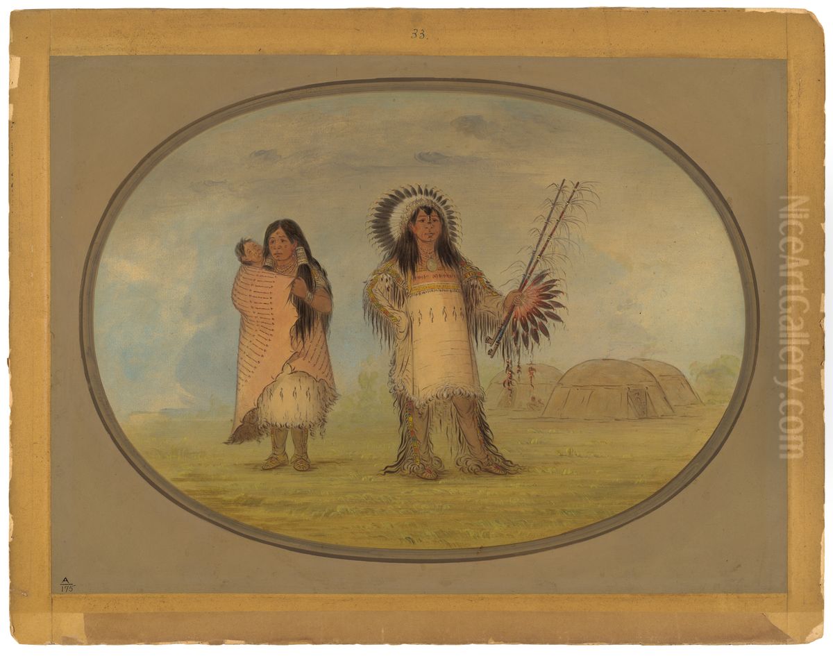 Mandan Civil Chief, His Wife, and Child Oil Painting by George Catlin