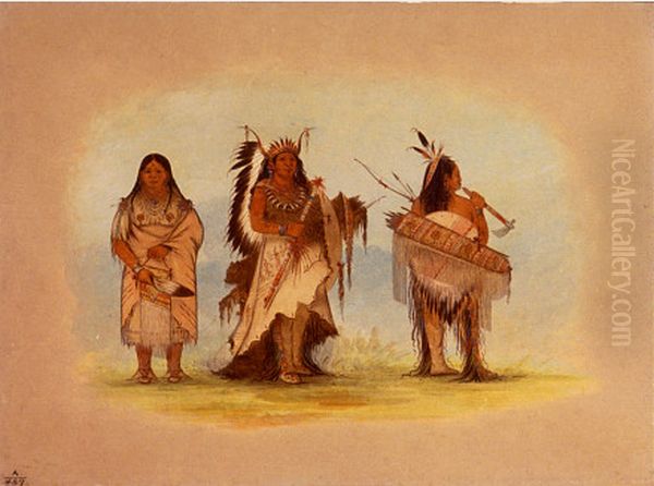 Omaha Chief, His Wife, and a Warrior Oil Painting by George Catlin