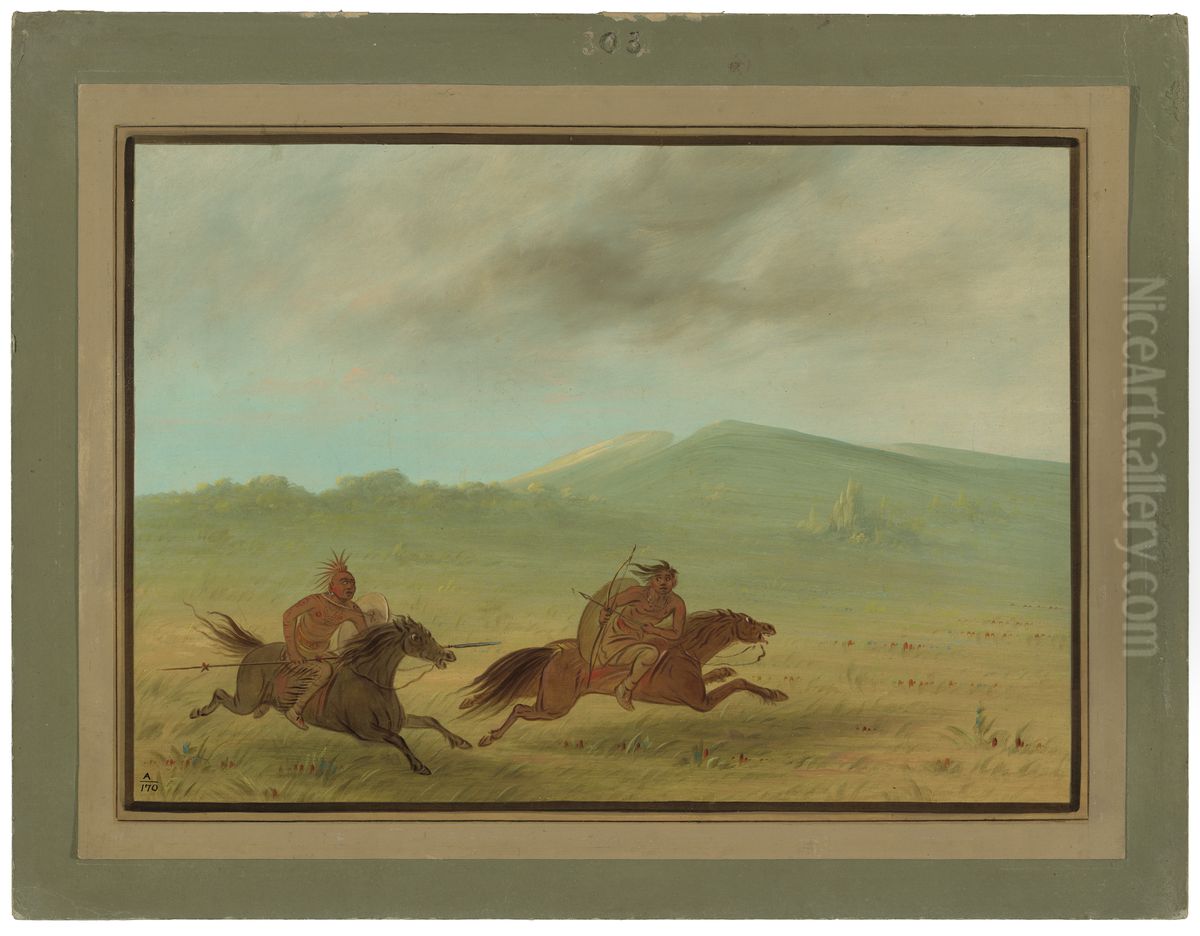 An Osage Indian Pursuing a Camanchee Oil Painting by George Catlin