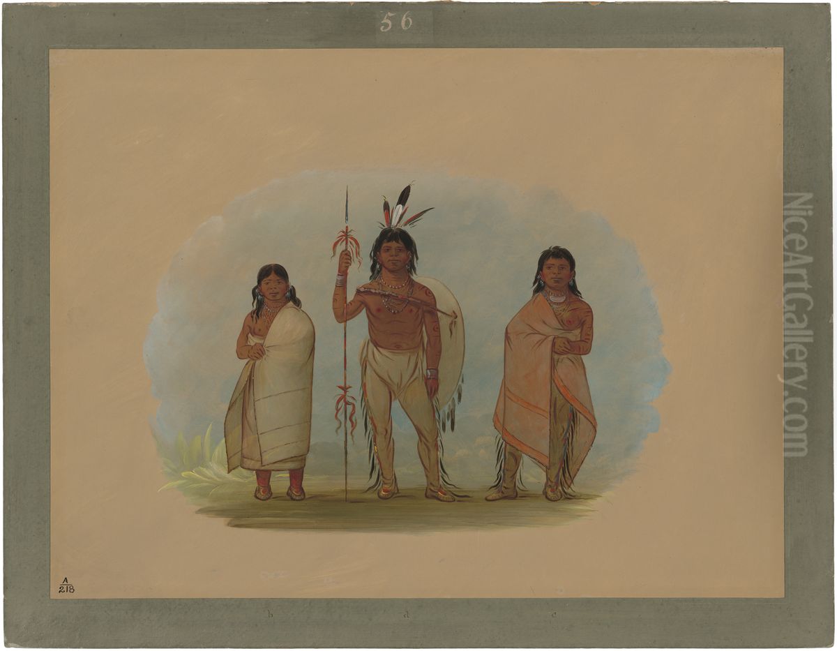 Ottowa Chief, His Wife, and a Warrior Oil Painting by George Catlin