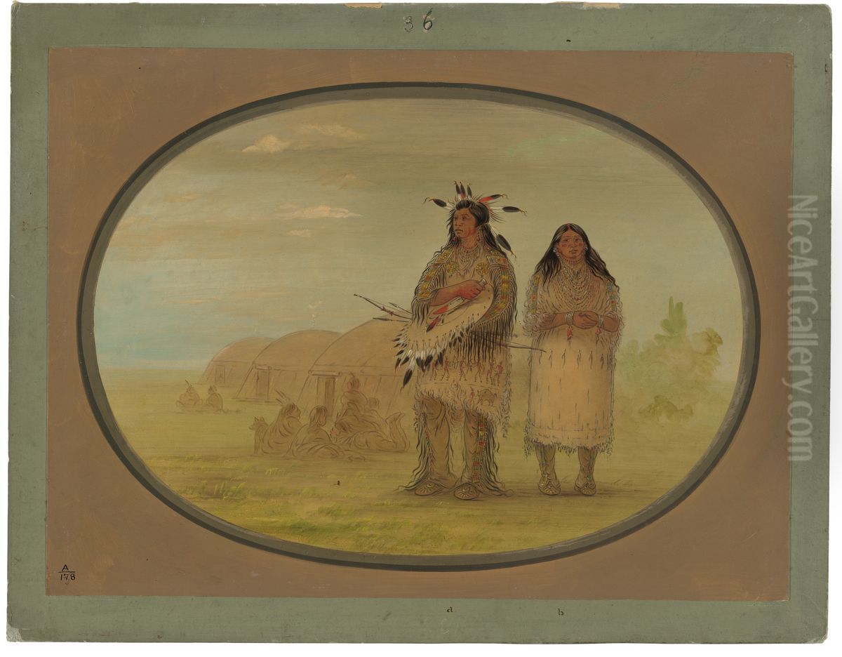 Riccarree Chief and His Wife Oil Painting by George Catlin