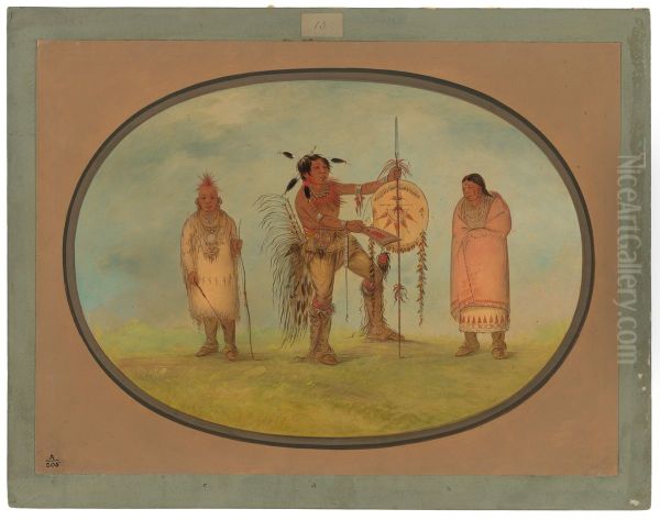 Saukie Warrior, His Wife, and a Boy Oil Painting by George Catlin