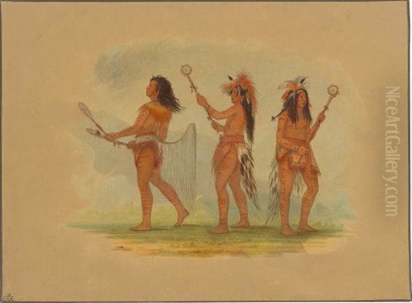Three Celebrated Ball Players - Choctaw, Sioux and Ojibbeway Oil Painting by George Catlin