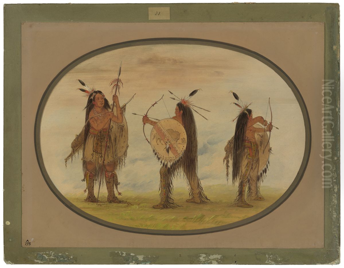 Three Mandan Warriors Armed for War Oil Painting by George Catlin
