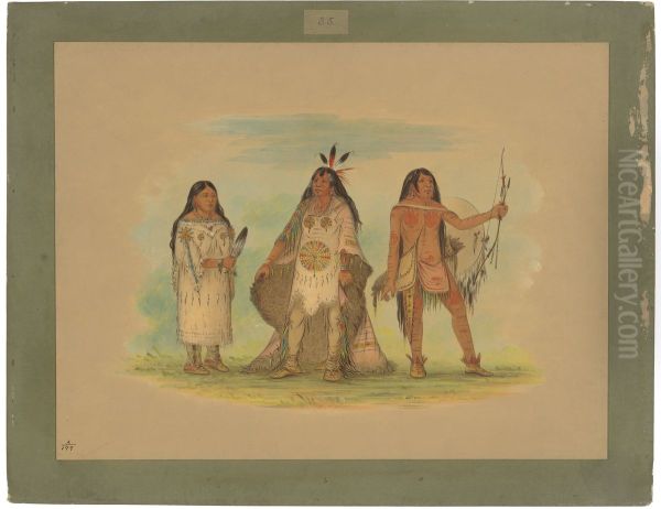 Three Minatarree Indians Oil Painting by George Catlin