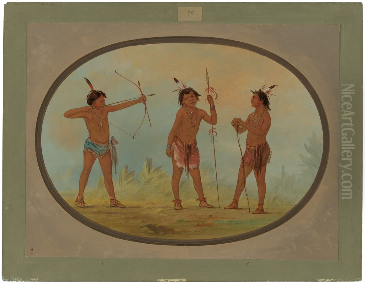 Three Shoshonee Warriors Armed for War Oil Painting by George Catlin
