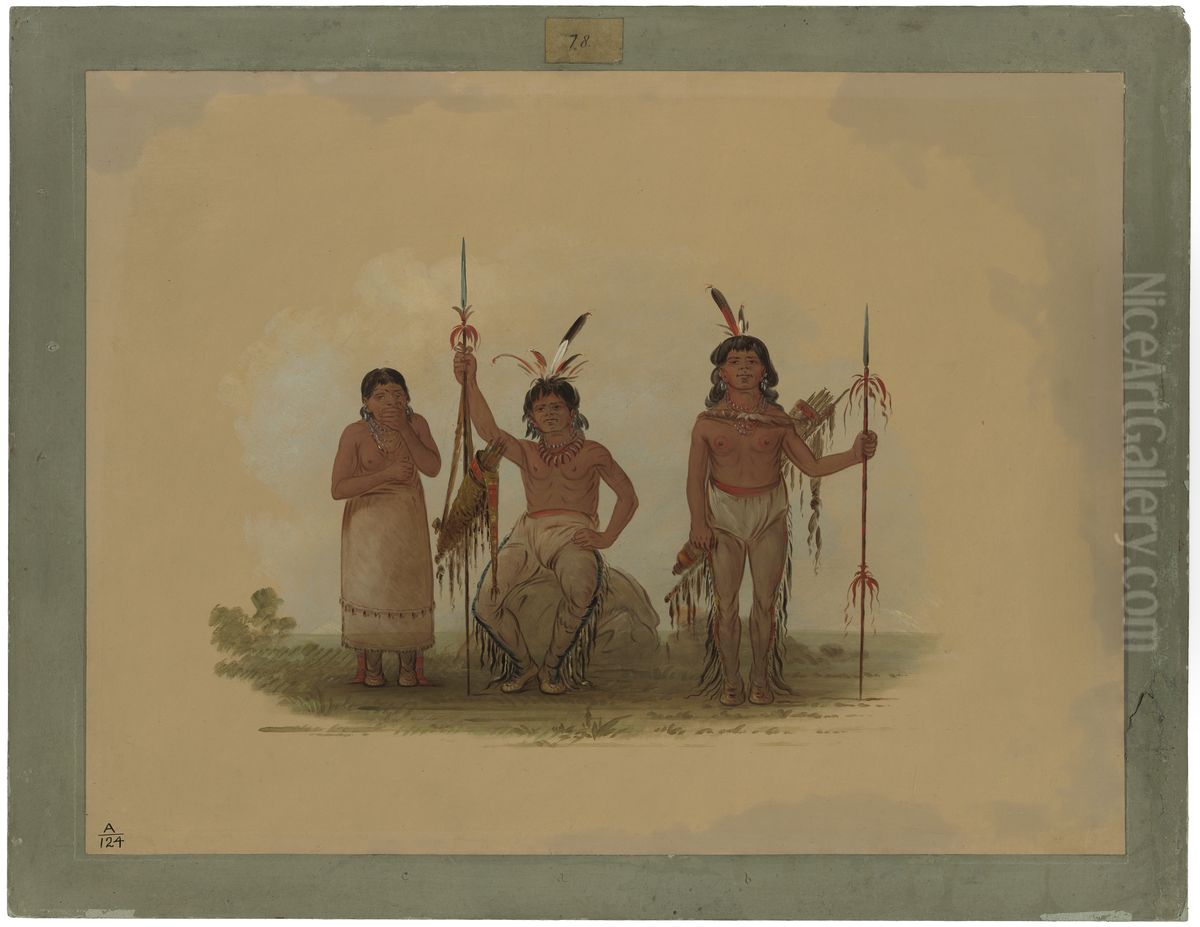 Two Arapaho Warriors and a Woman Oil Painting by George Catlin