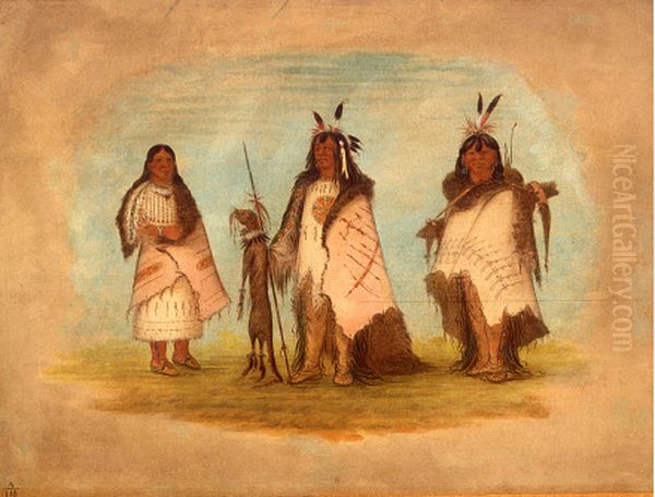 Two Blackfoot Warriors and a Woman Oil Painting by George Catlin Two Blackfoot Warriors and a Woman Oil Painting by George Catlin