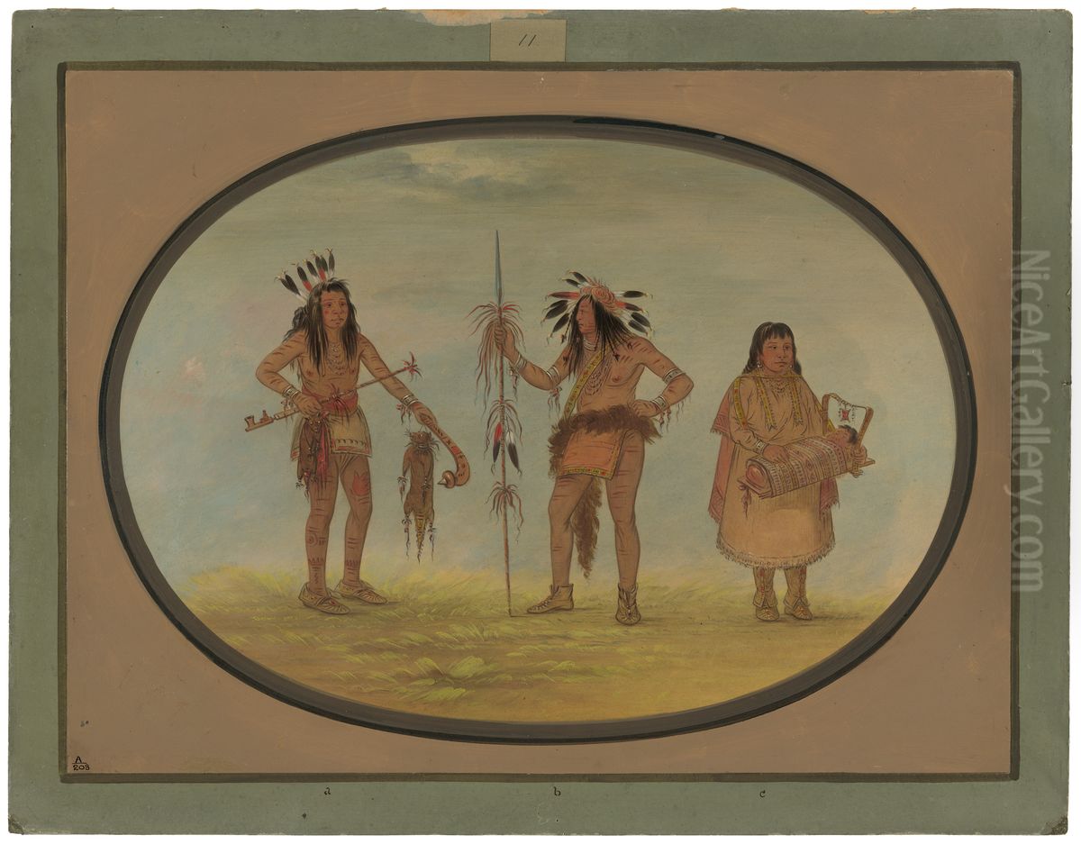 Two Ojibbeway Warriors and a Woman Oil Painting by George Catlin