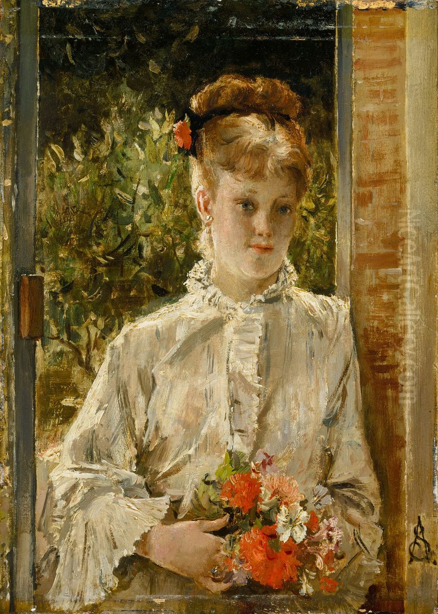 Young Woman in White Holding a Bouquet Oil Painting by Alfred Stevens