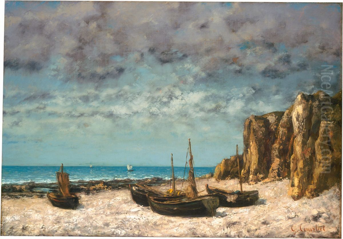 Boats on a Beach, Etretat Oil Painting by Gustave Courbet