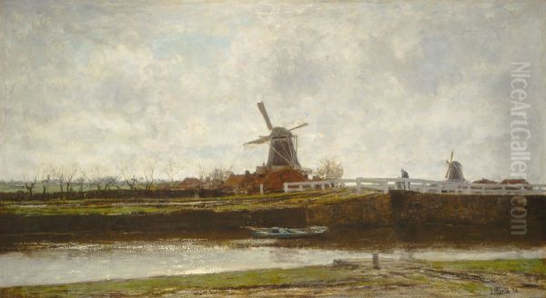 View of the Mill and Bridge on the Noordwest Buitensingel in The Hague Oil Painting by Jacob Maris