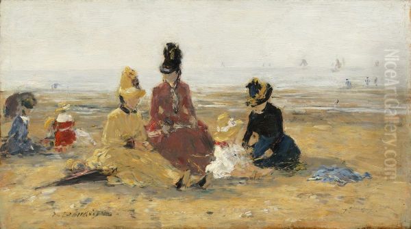 On the Beach, Trouville Oil Painting by Eugene Louis Boudin