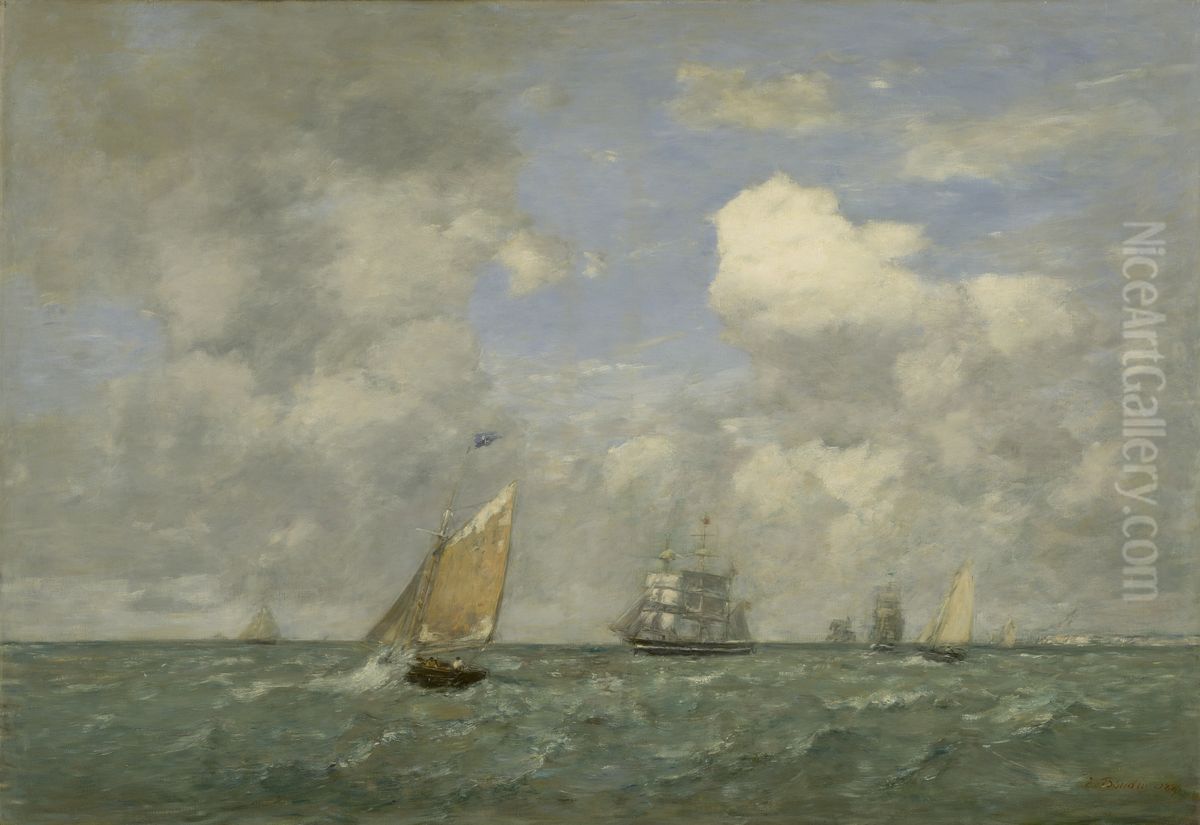 Ships and Sailing Boats Leaving Le Havre Oil Painting by Eugene Louis Boudin