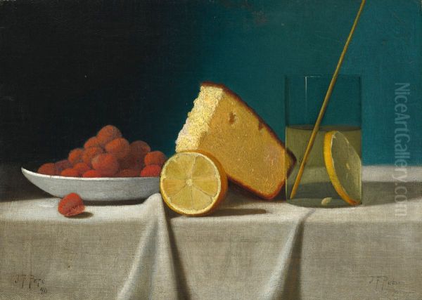 Still Life with Cake, Lemon, Strawberries, and Glass Oil Painting by John F. Peto