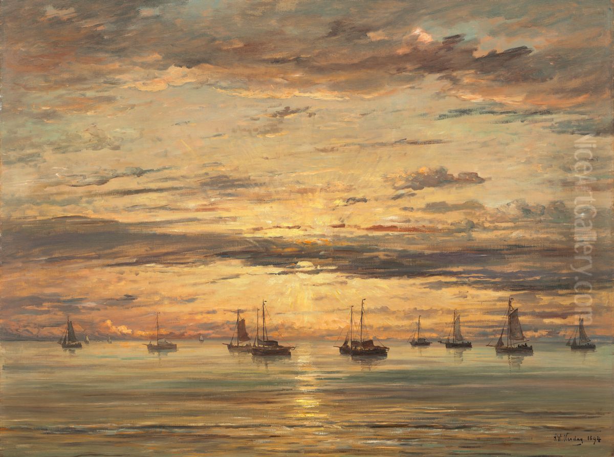 A Fleet of Fishing Vessels at Anchor Oil Painting by Hendrik Willem Mesdag