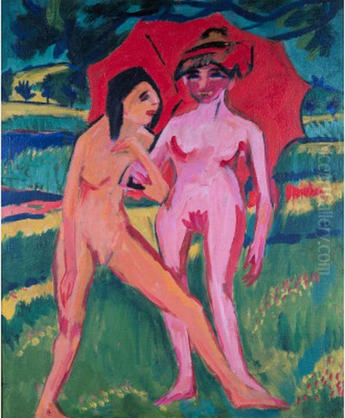 Two Girls under an Umbrella Oil Painting by Ernst Ludwig Kirchner