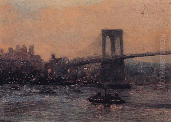Brooklyn Bridge at Night Oil Painting by Edward Willis Redfield