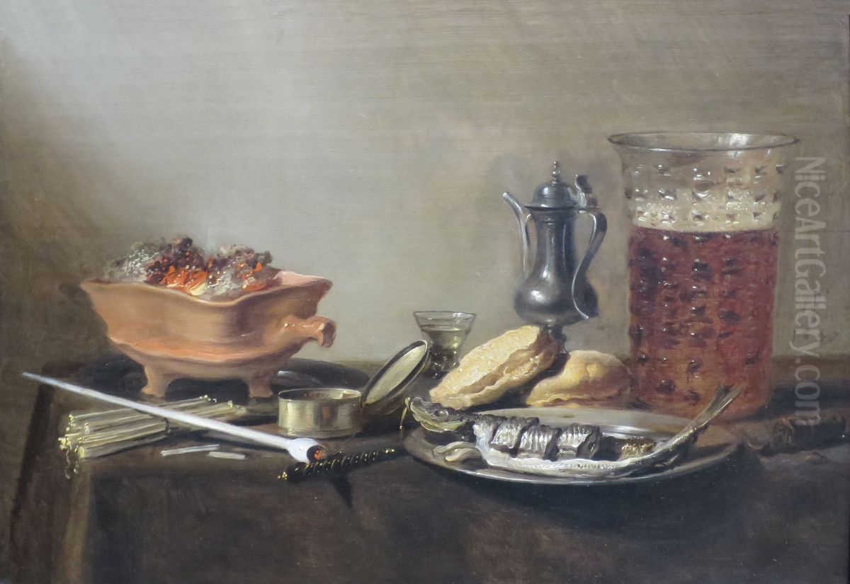 Still life with clay pipe, beer, and herring Oil Painting by Pieter Claesz