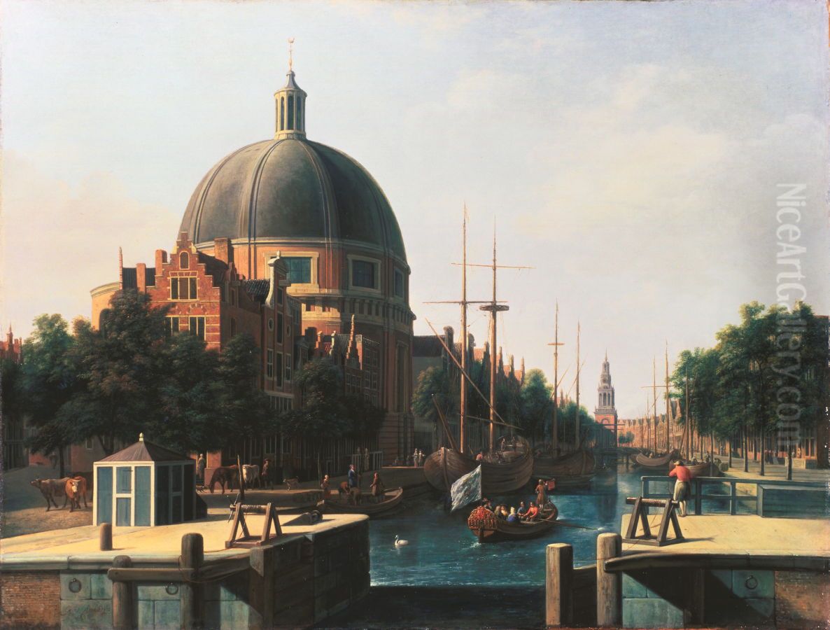 The Singel with the Round Lutheran Church, Amsterdam Oil Painting by Gerrit Adriaenszoon Berckheyde